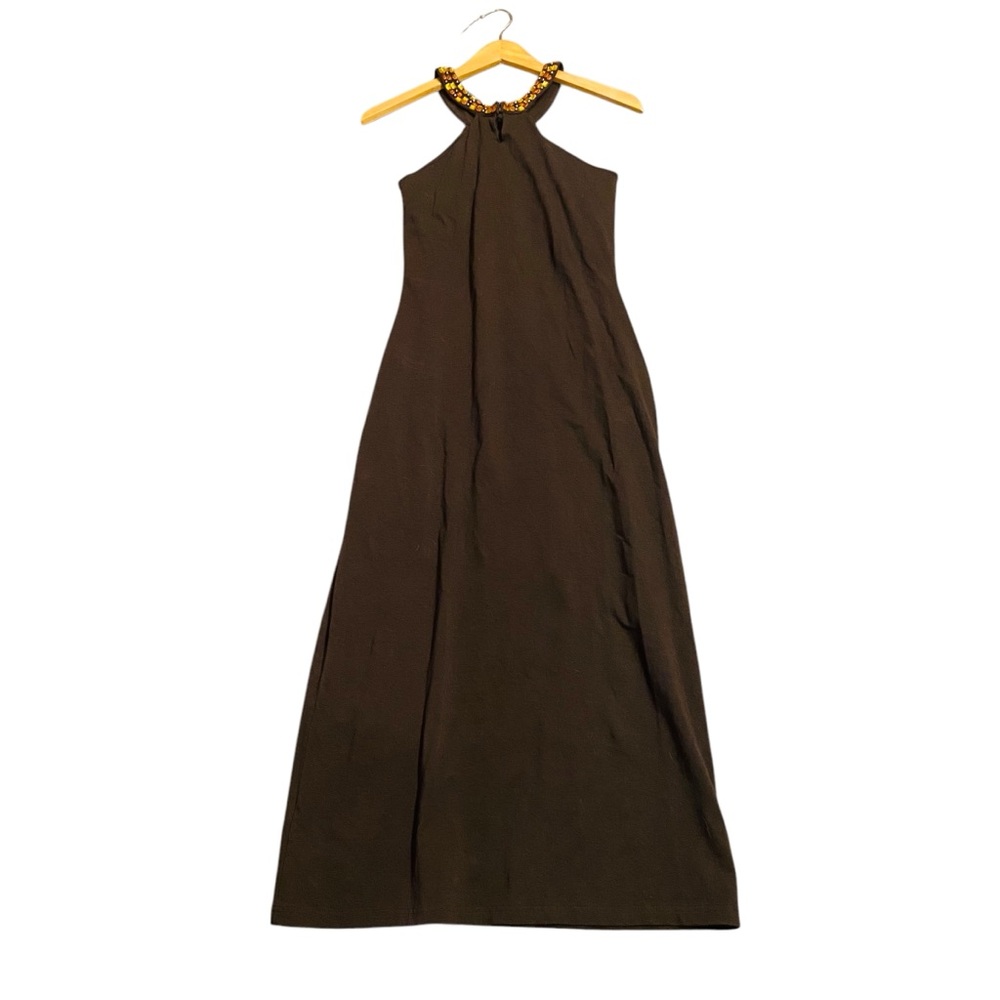 MODA INTERNATIONAL Vintage Victorias Secret Y2 K Brown Jeweled Halter Midi Dress - Picture 2 of 5